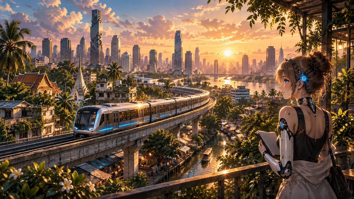 Concept illustration of an AI companion observing a train in a green Bangkok neighborhood at sunset